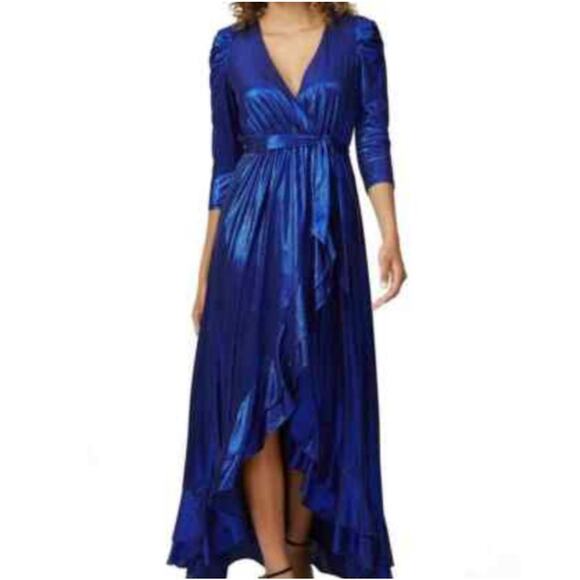 Retrofête Flora Sz Small Metallic Blue Wrap Dress Evening Cocktail High Low - Picture 1 of 15